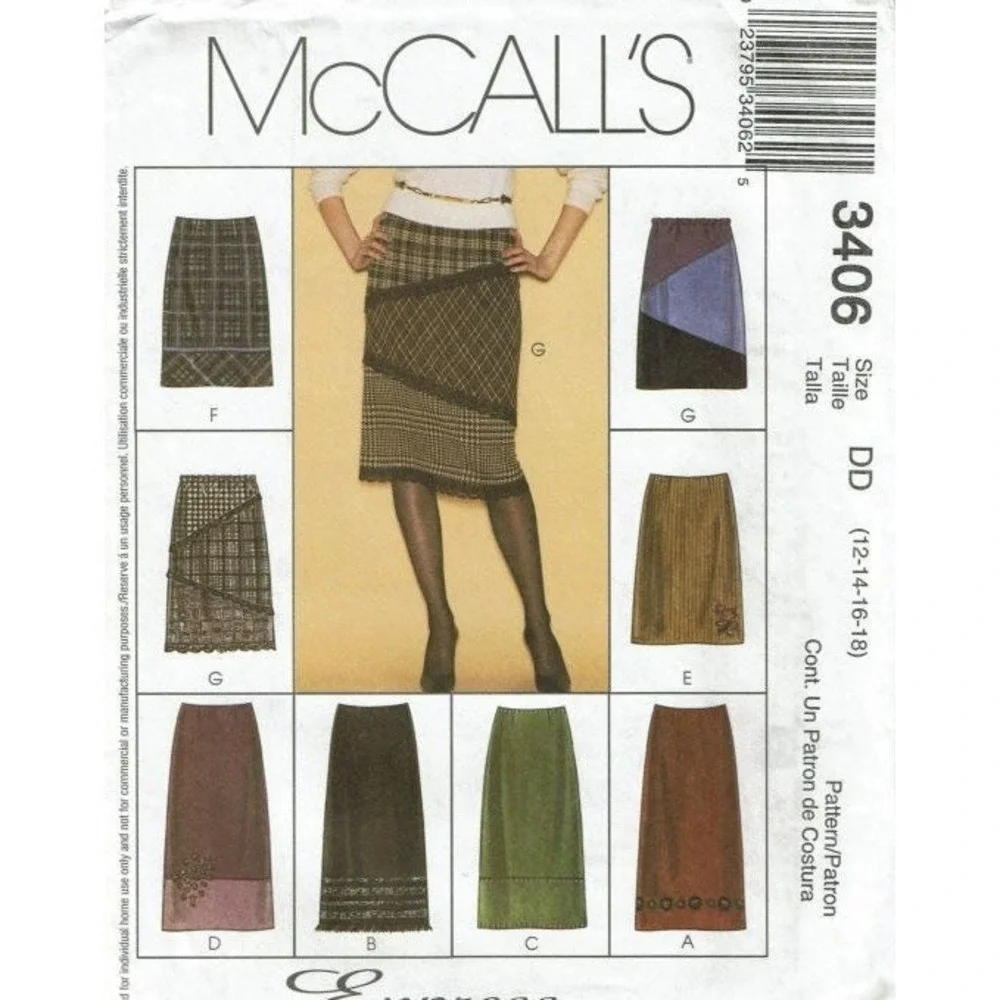 McCalls Sewing Pattern 3406 Skirt Express‎ Yourself Misses Size 12-18